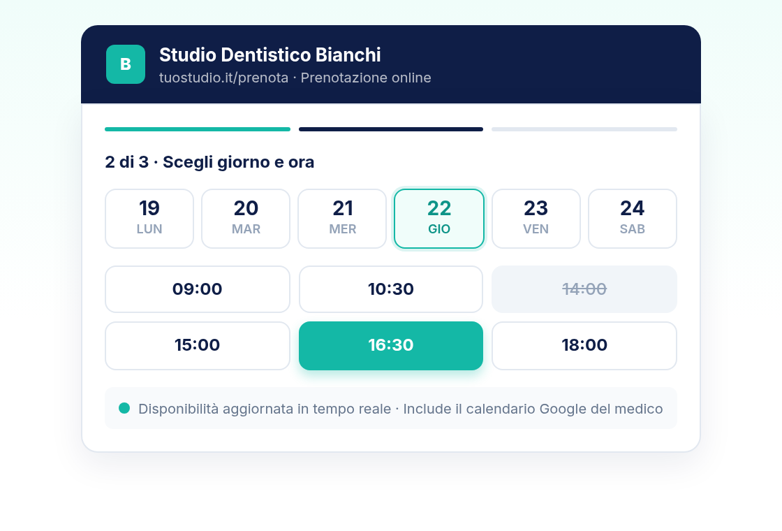 Vista calendario con slot disponibili e prenotazioni in tempo reale