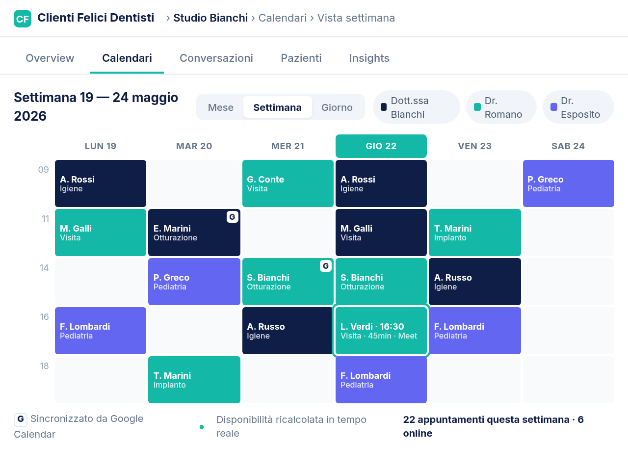 Modulo calendario intelligente con vista settimanale e pagina pubblica di prenotazione