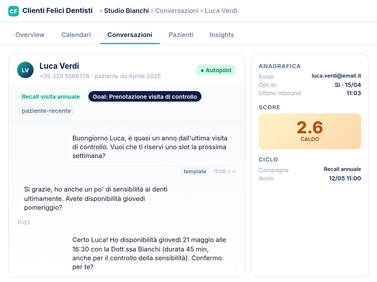 Conversazione WhatsApp gestita dall'AI con paziente che prenota appuntamento